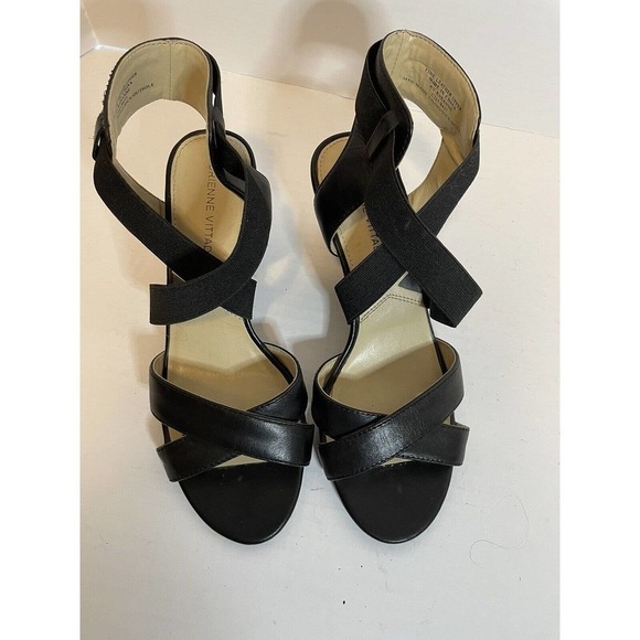 Adrienne Vittadini Woman’s Black Open Toe Wedge Sandals Elastic Slip On 6 Shoes - Picture 10 of 13